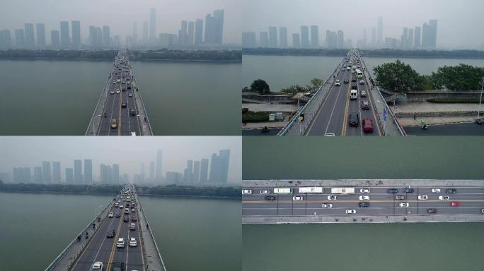城市雾霾  城市车流  跨江大桥航拍车流