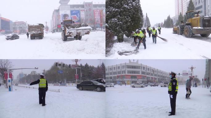 暴雪极端天气清洁工扫雪交警执勤