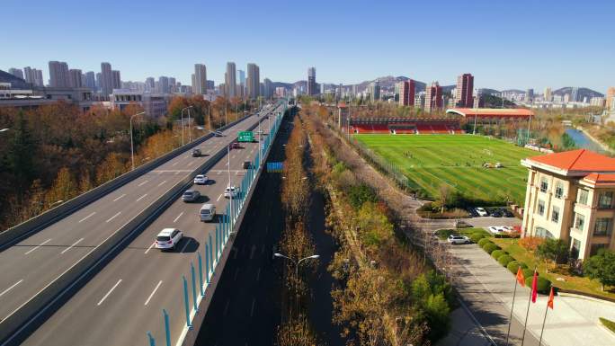 济南航拍大景城市景色市中区高架桥车流