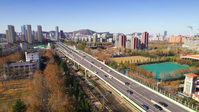 济南航拍大景城市景色市中区高架桥车流