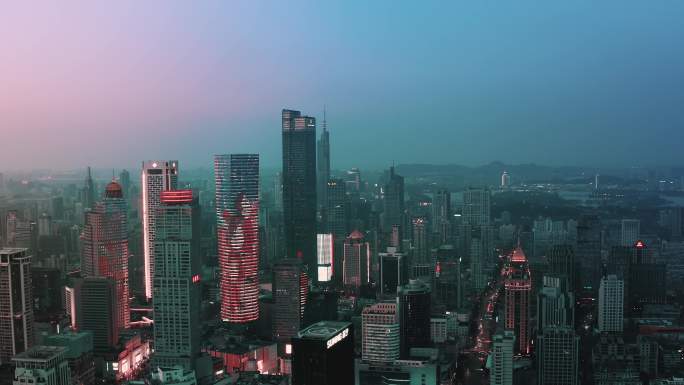 航拍南京新街口商圈落日灯光