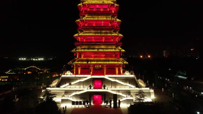 西安汉城湖汉大风阁夜景航拍西安地标性建筑