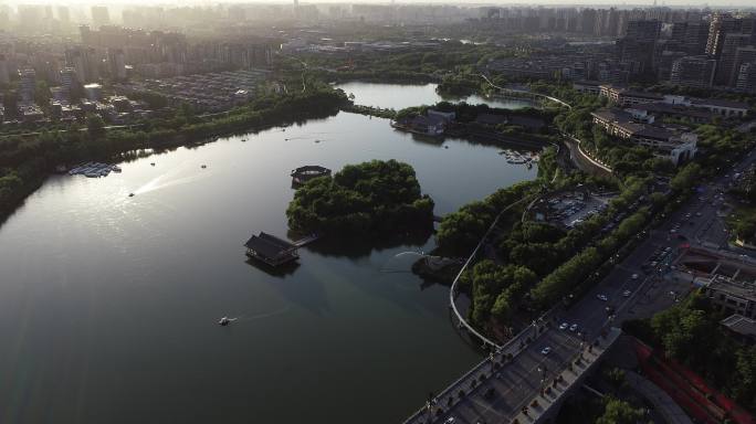 西安曲江池遗址公园夕阳航拍曲江南湖公园