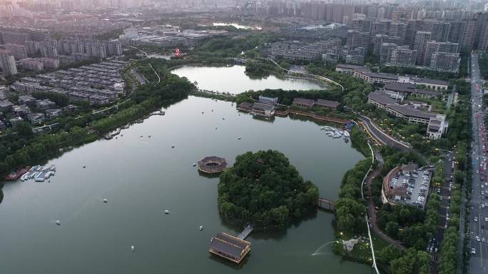 西安曲江池遗址公园夕阳航拍曲江南湖公园