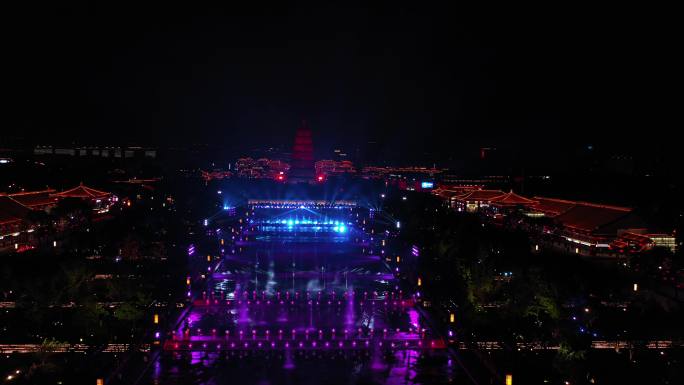 西安大雁塔夜景航拍大雁塔喷泉国庆中国红