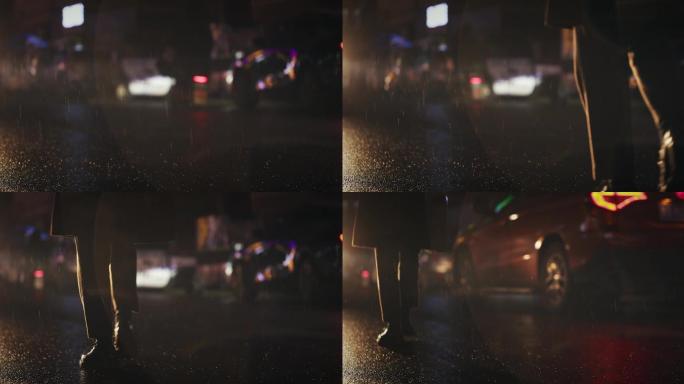 【正版素材】都市夜晚车灯逆光雨滴路人脚步