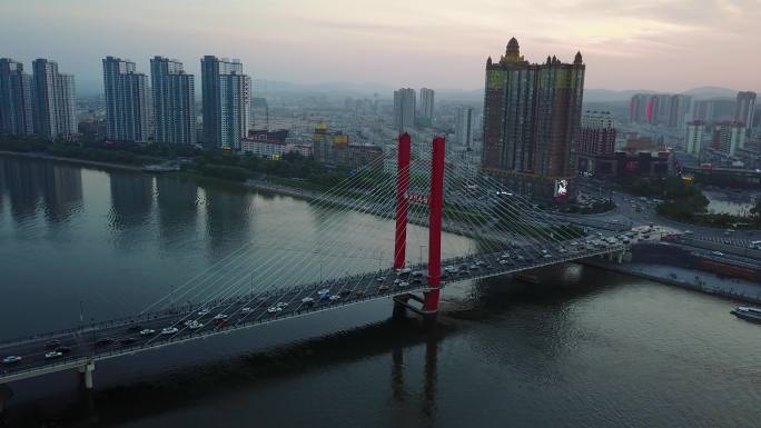 航拍江边大桥高楼公路