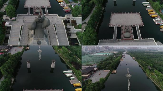 西安汉城湖汉武帝雕像航拍4K汉武大帝刘彻