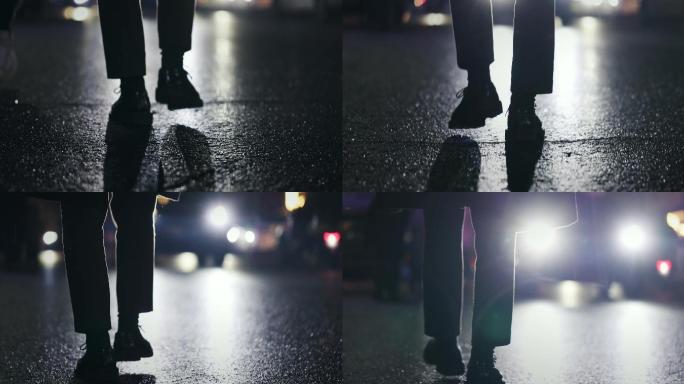 【正版素材】都市夜晚逆光雨天路人脚步近景