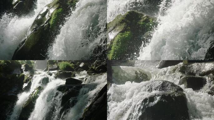 山间流水瀑布石头小溪人站在瀑布下张开双臂