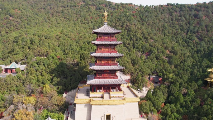 航拍山西太原太山龙泉寺舍利塔滑动变焦镜头