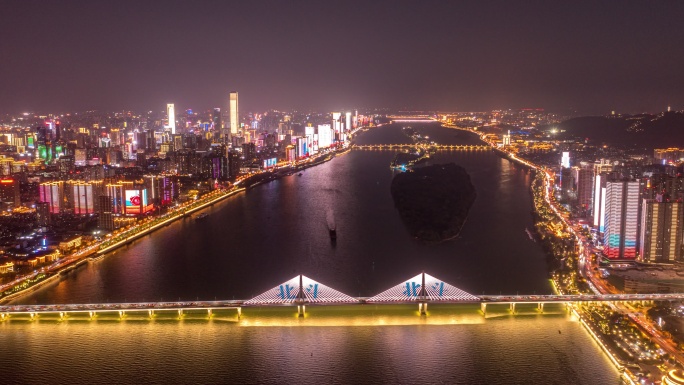 长沙银盆岭大桥夜景延时航拍