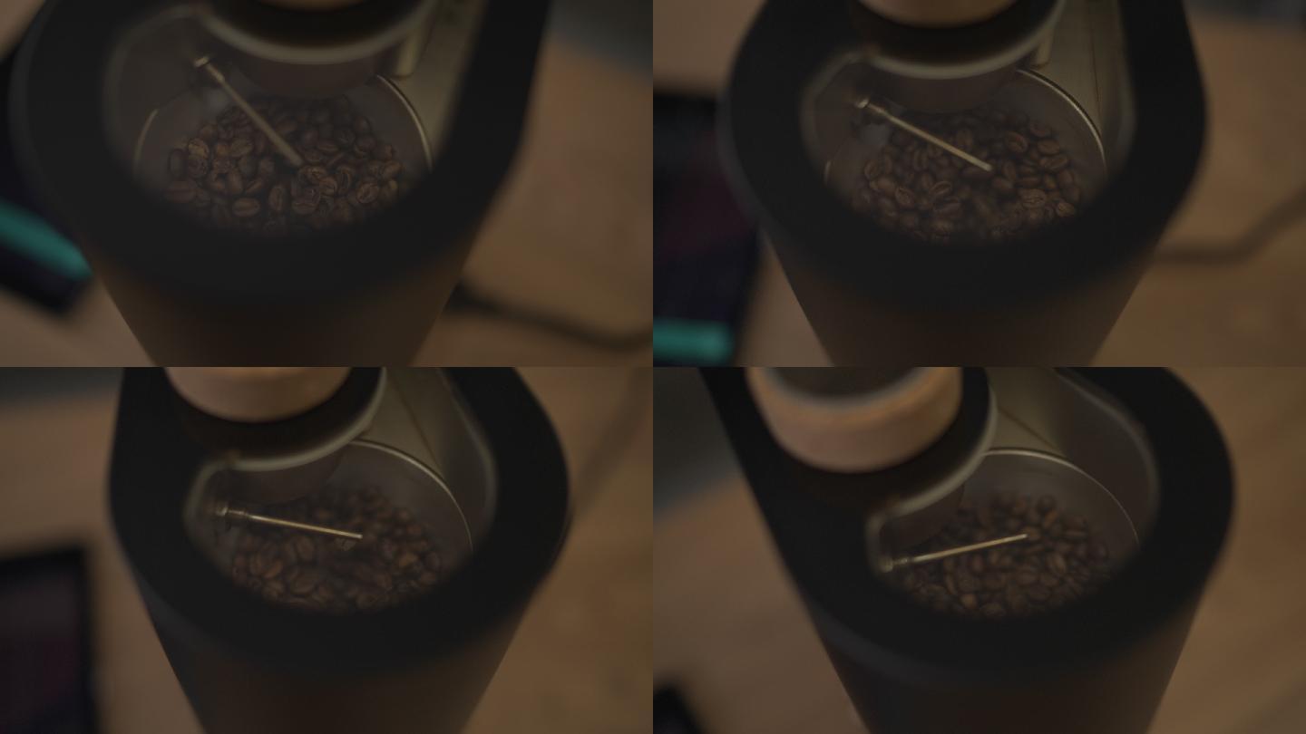咖啡豆在烘焙机器中翻滚旋转