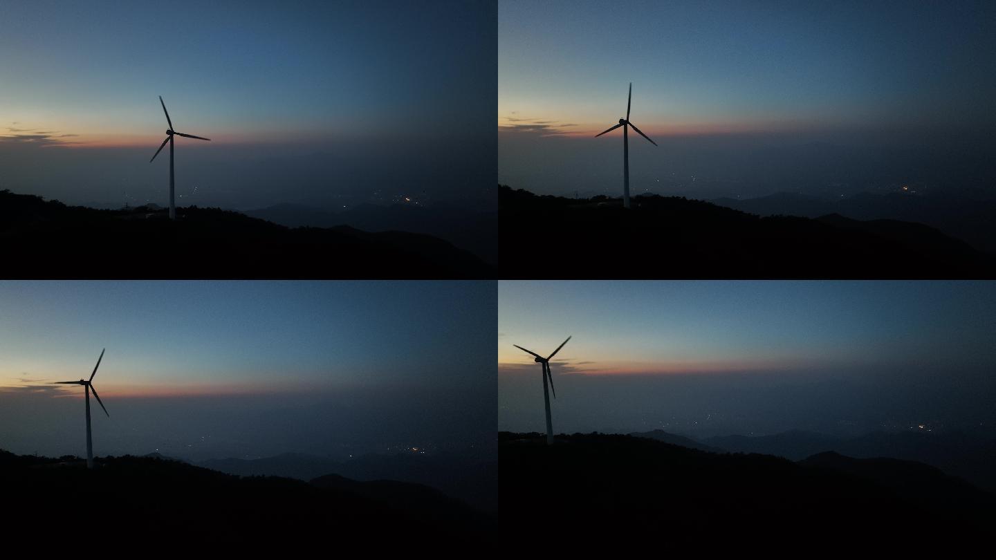 日落晚霞自然风力发电风车逆光剪影4K航拍