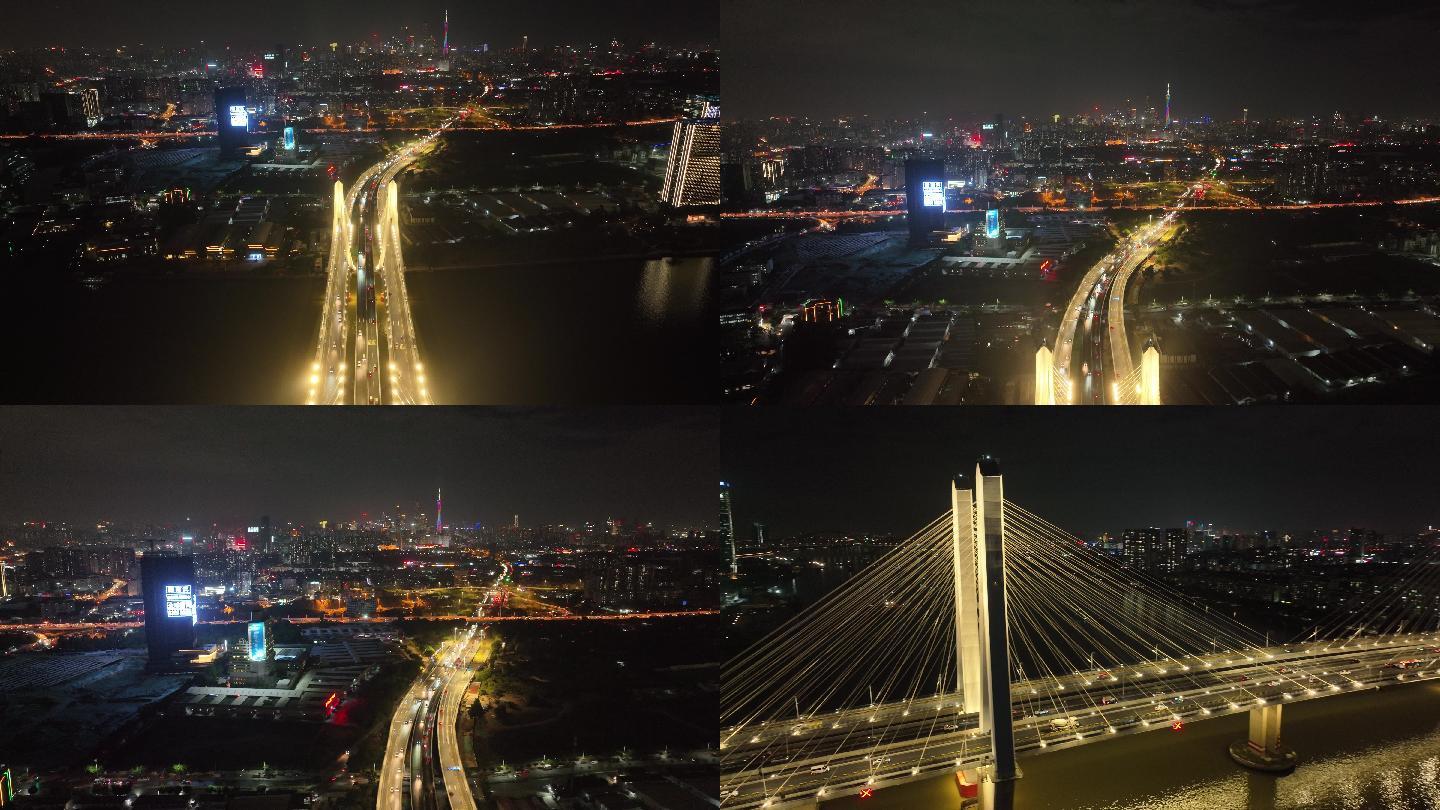 航拍5k广州洛溪大桥夜景全貌