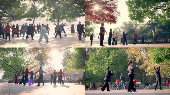 早上公园锻炼身体的人群 跳广场舞 晨练