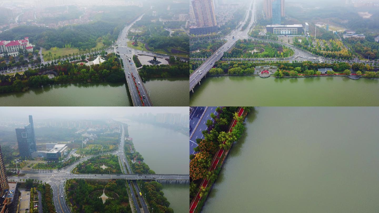 4K航拍短片.随州涢河滨河雨景