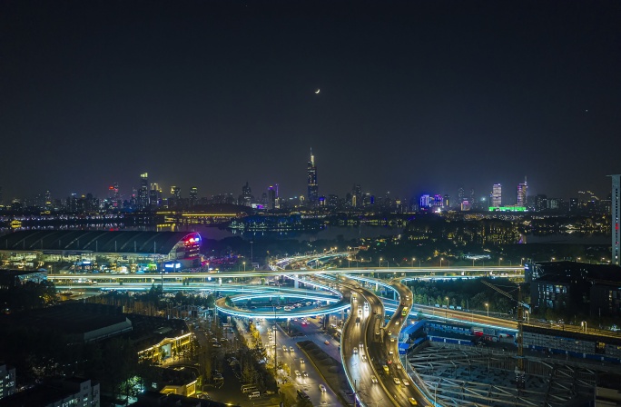 南京玄武湖莘庄立交紫峰夜景航拍延时