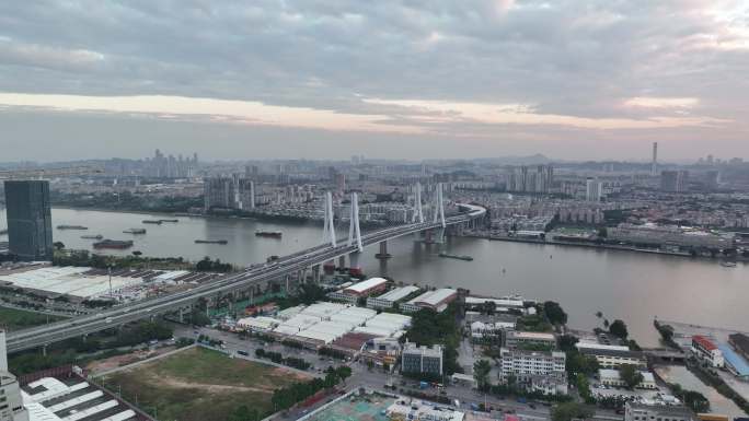 航拍5k广州洛溪大桥日落