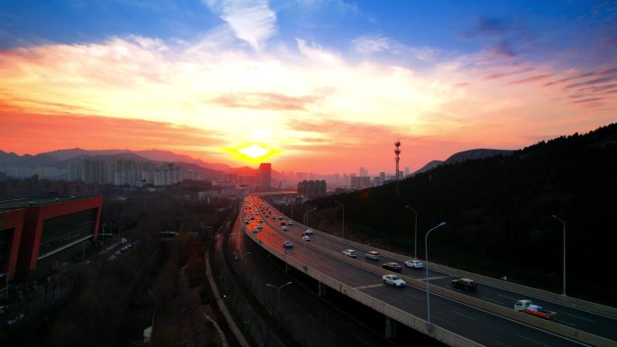 城市夜景车流高架桥傍晚晚霞