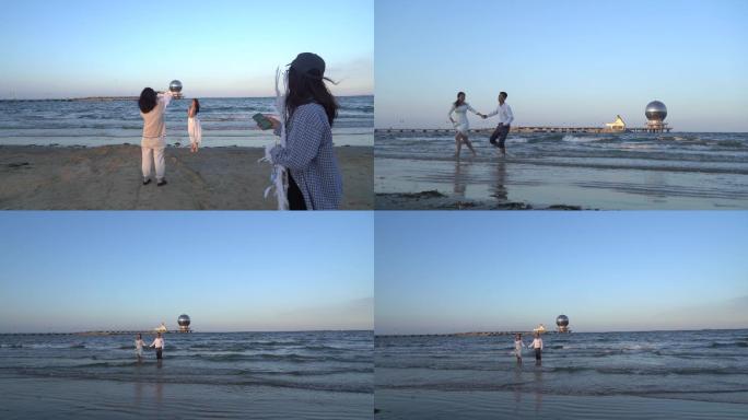 高清升格拍摄一组婚礼外拍海水中奔跑