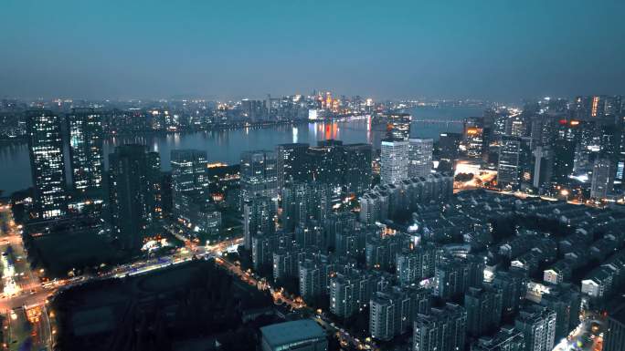 杭州滨江城市夜景航拍