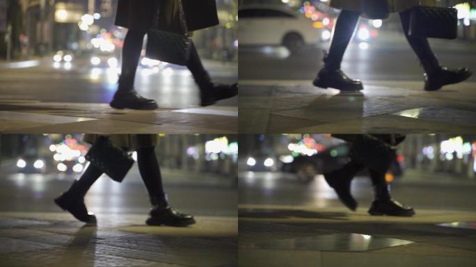 城市夜景，下班回家的女孩的脚步特写，深夜