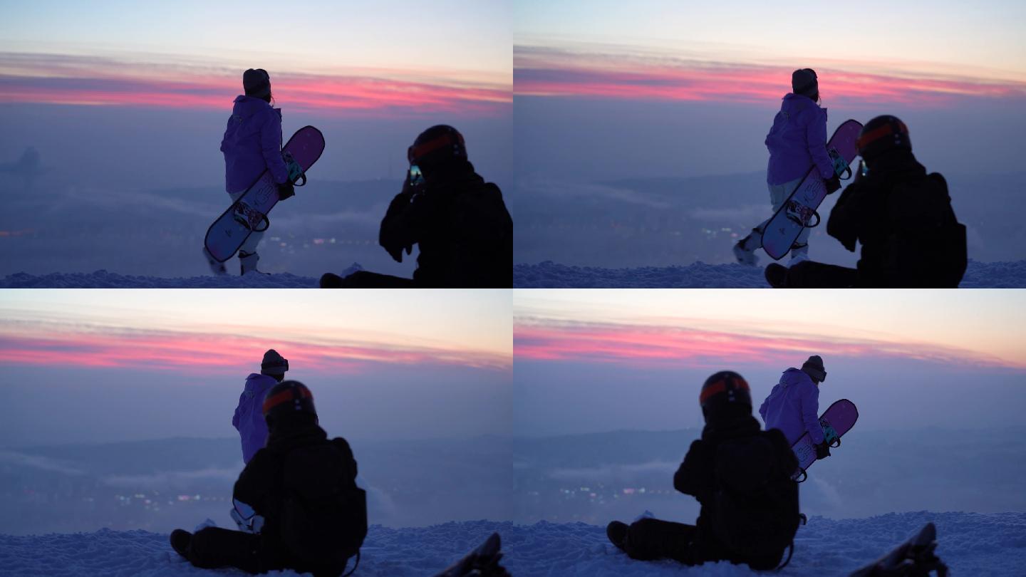 滑雪的女孩看在山顶看晚霞
