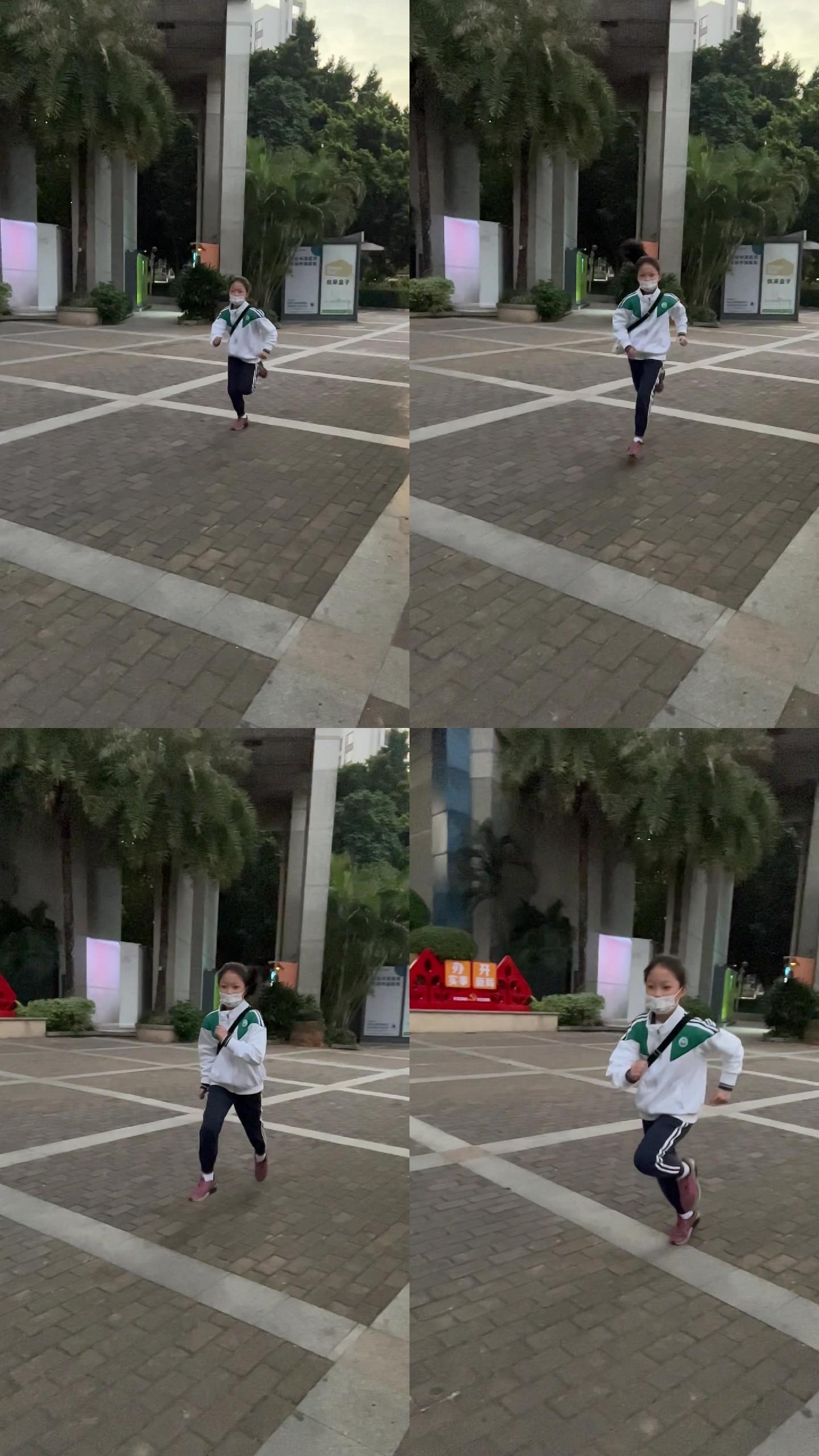 中小学女学生奔跑上学冲向校门口升格拍摄