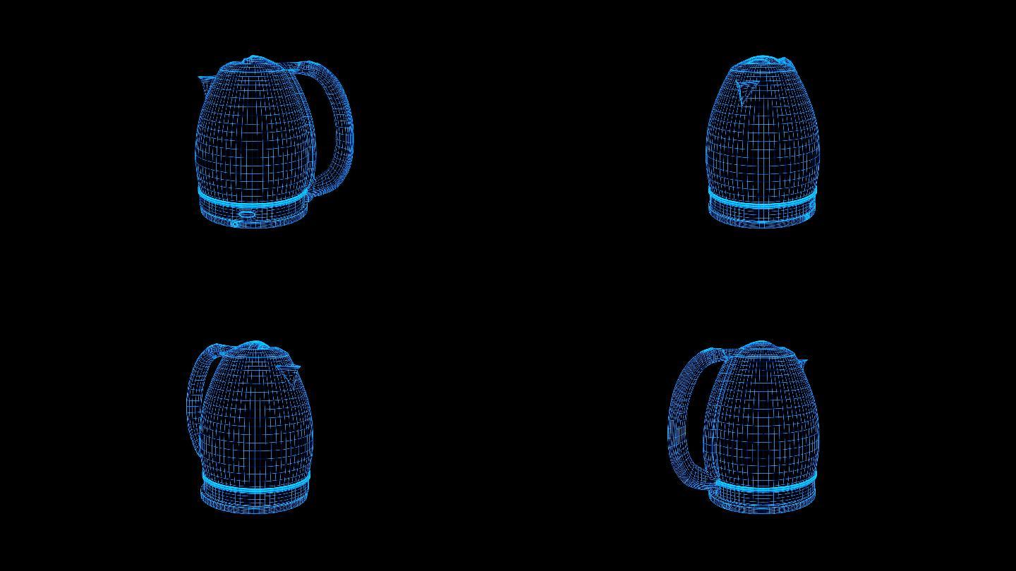 蓝色线框全息科技电水壶动画带通道