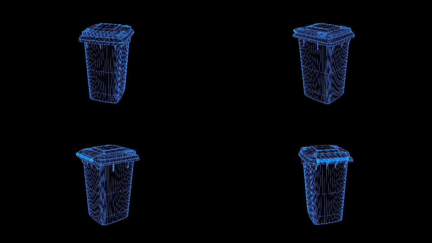 蓝色线框全息科技垃圾桶动画带通道