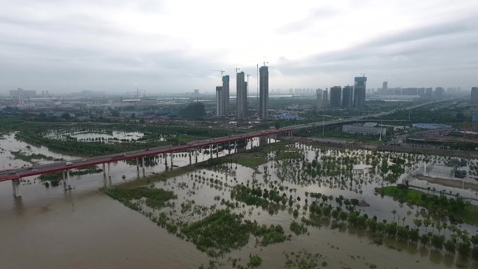 武汉长江涨水航拍白沙洲长江大桥