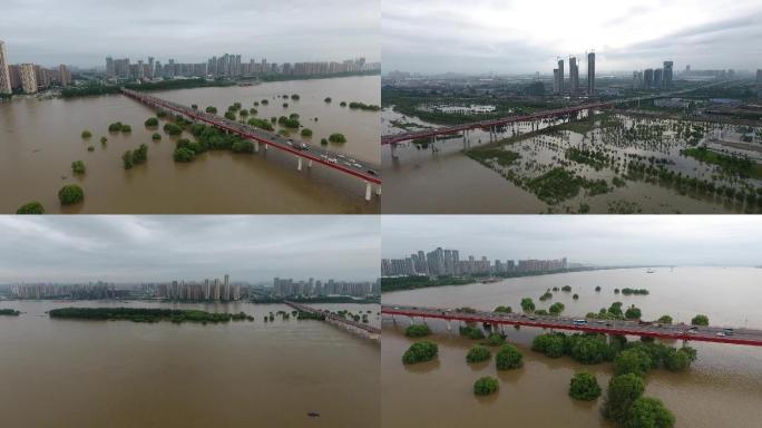 武汉长江涨水航拍白沙洲长江大桥