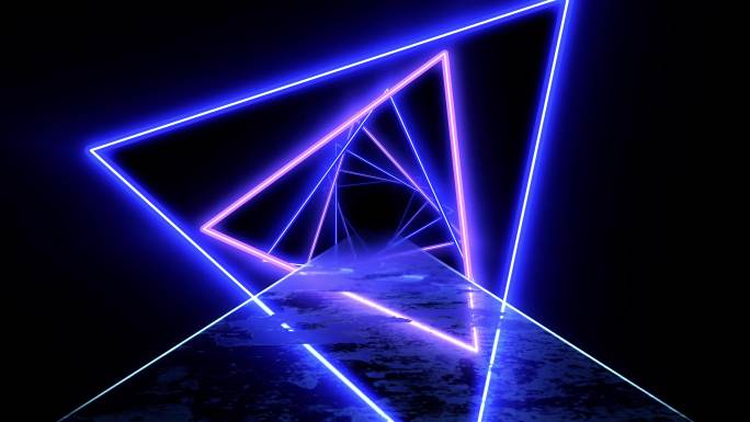 4K霓虹几何三角形线框路面前冲空间背景