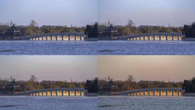 北京颐和园冬日十七孔桥金光穿洞延时摄影