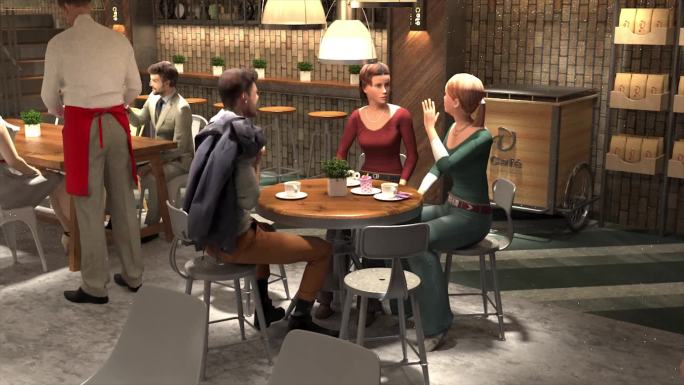 咖啡馆喝咖啡聊天对话商议三维动画3D
