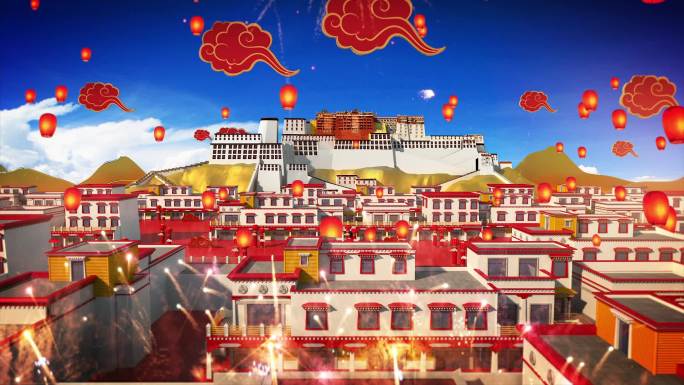 西藏布达拉宫新年孔明灯烟花