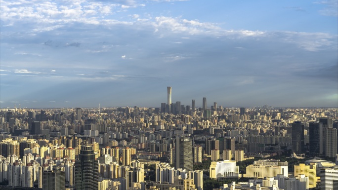 北京鸟瞰国贸CBD核心区雨后若隐若现彩虹
