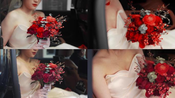 汽车里的新娘拿着手捧花