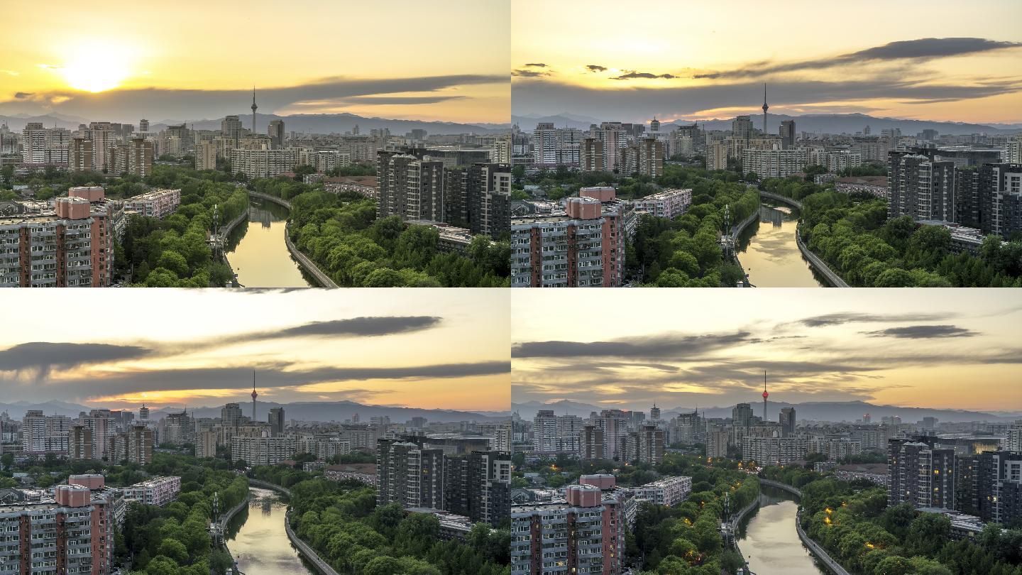 北京中央电视塔与护城河日落延时摄影