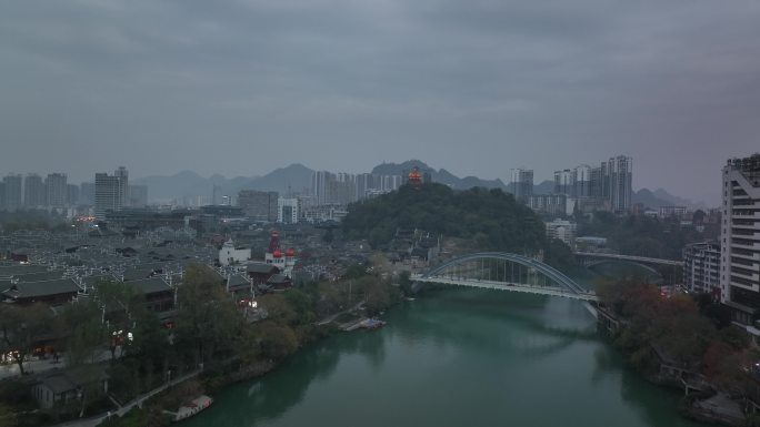 航拍贵州铜仁古城中南门历史文化旅游区锦江