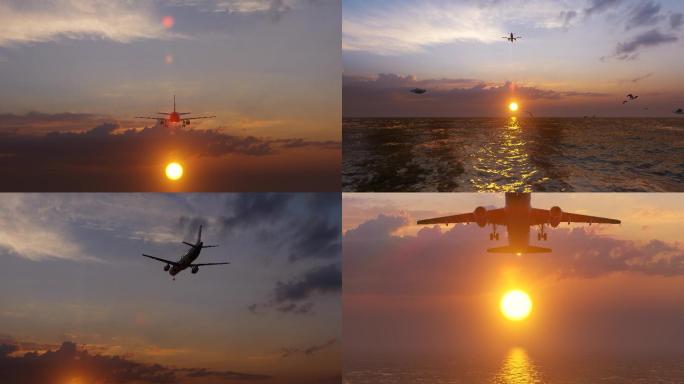 飞机飞过海面日出太阳