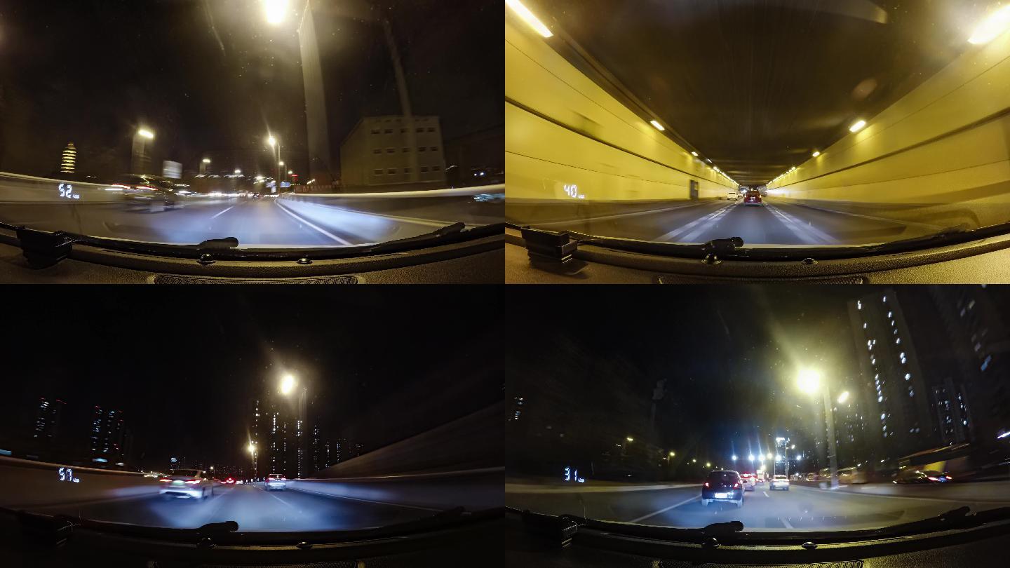 4K夜晚驾驶汽车穿梭城市道路第一视角延时