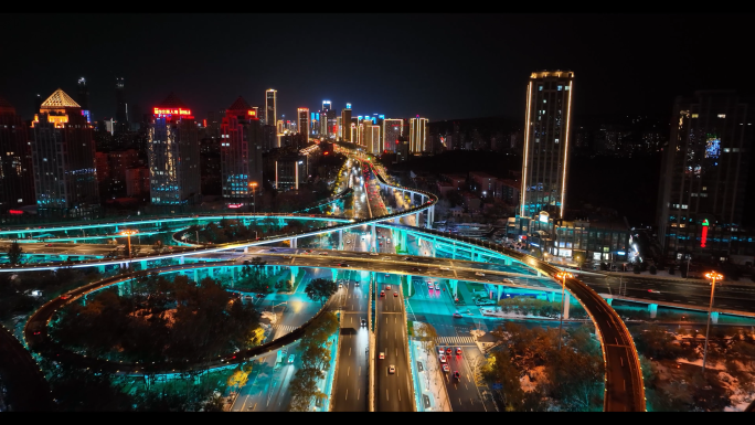 济南 城市立交桥 夜景  航拍