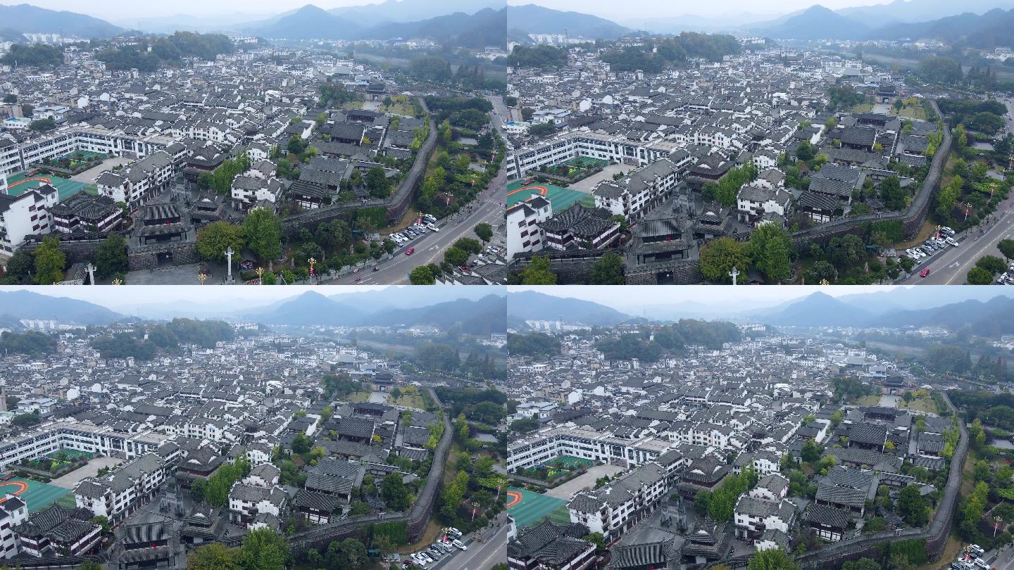 航拍徽州古城城楼城墙