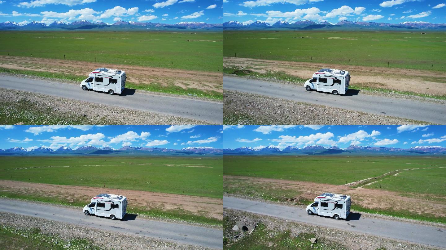 新疆巴音布鲁克草原雪山房车旅行航拍视频