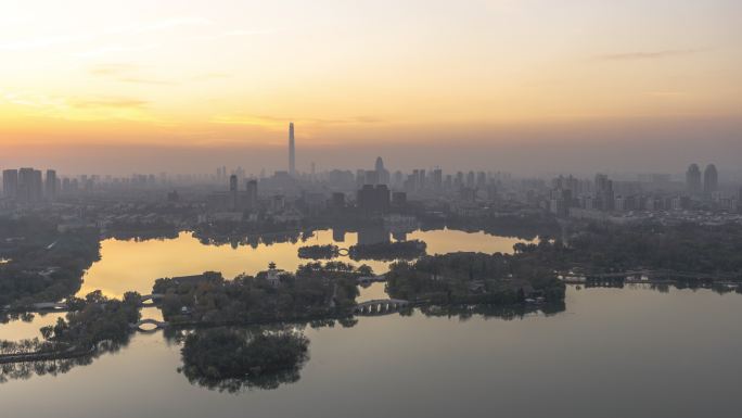 天津水上公园与117大楼日落黄昏延时摄影
