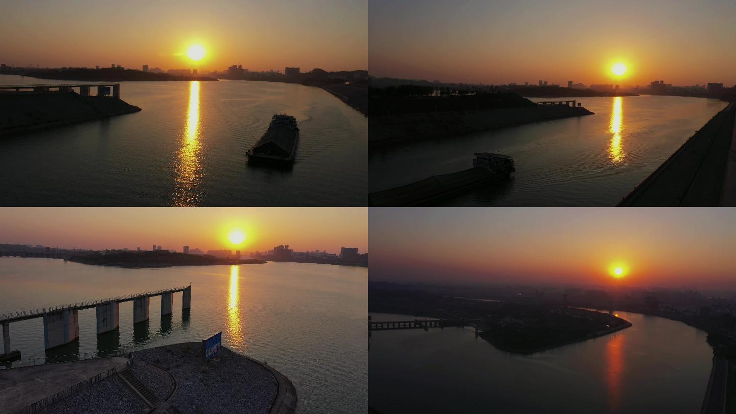 江边 日落 太阳 船 码头