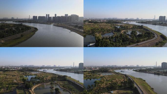 佛山城市景观东平河和悦滨江半月岛湿地公园