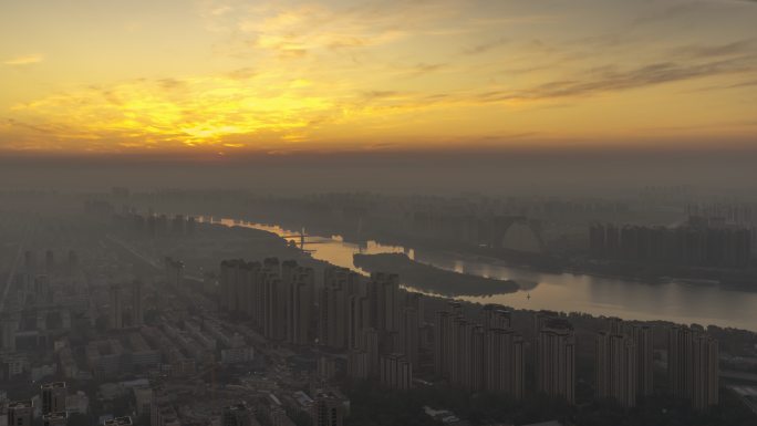 沈阳浑河两岸高楼日出延时摄影